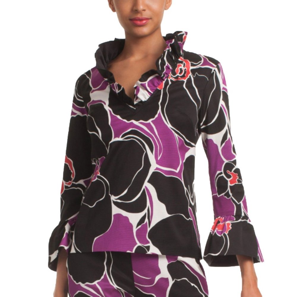 Trina Turk NWT Purple Print Mosaic Ruffle Top Size XS